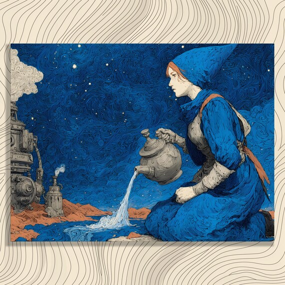 Surreal Water Pouring Canvas Wall Art Starry Night Fantasy Illustration Print Abstract Surrealism Decor Kettle River Painting