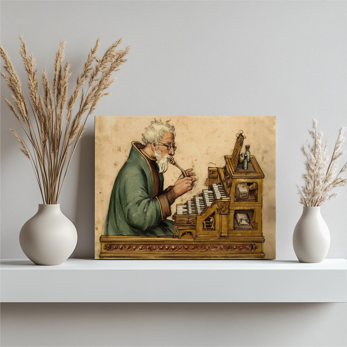 Bearded Scholar Playing Antique Organ Vintage Music Room Wall Art