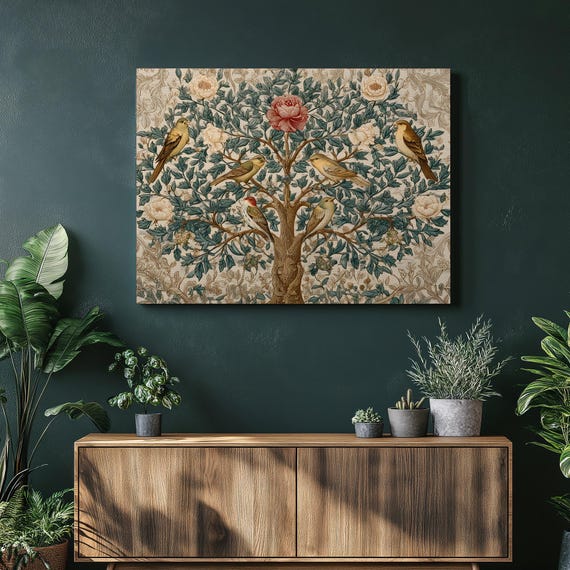 Vintage Bird Tree Canvas Wall Art Ornate Botanical Birds And Peonies Print Nature Decor Green Leaves Beige Nouveau Tapestry Style