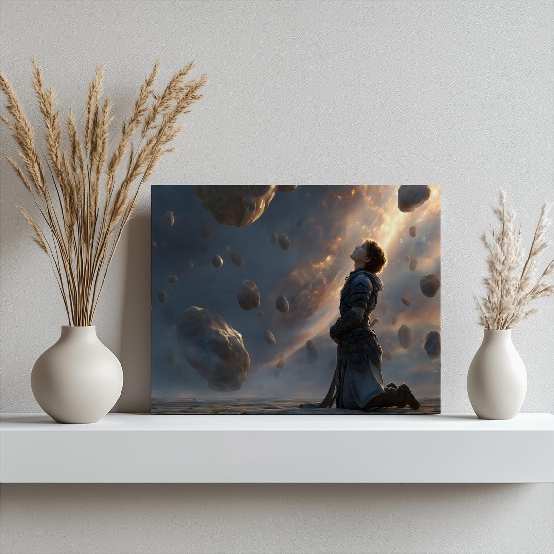Kneeling Knight Celestial Floating Stones Epic Fantasy Armor Wall Art