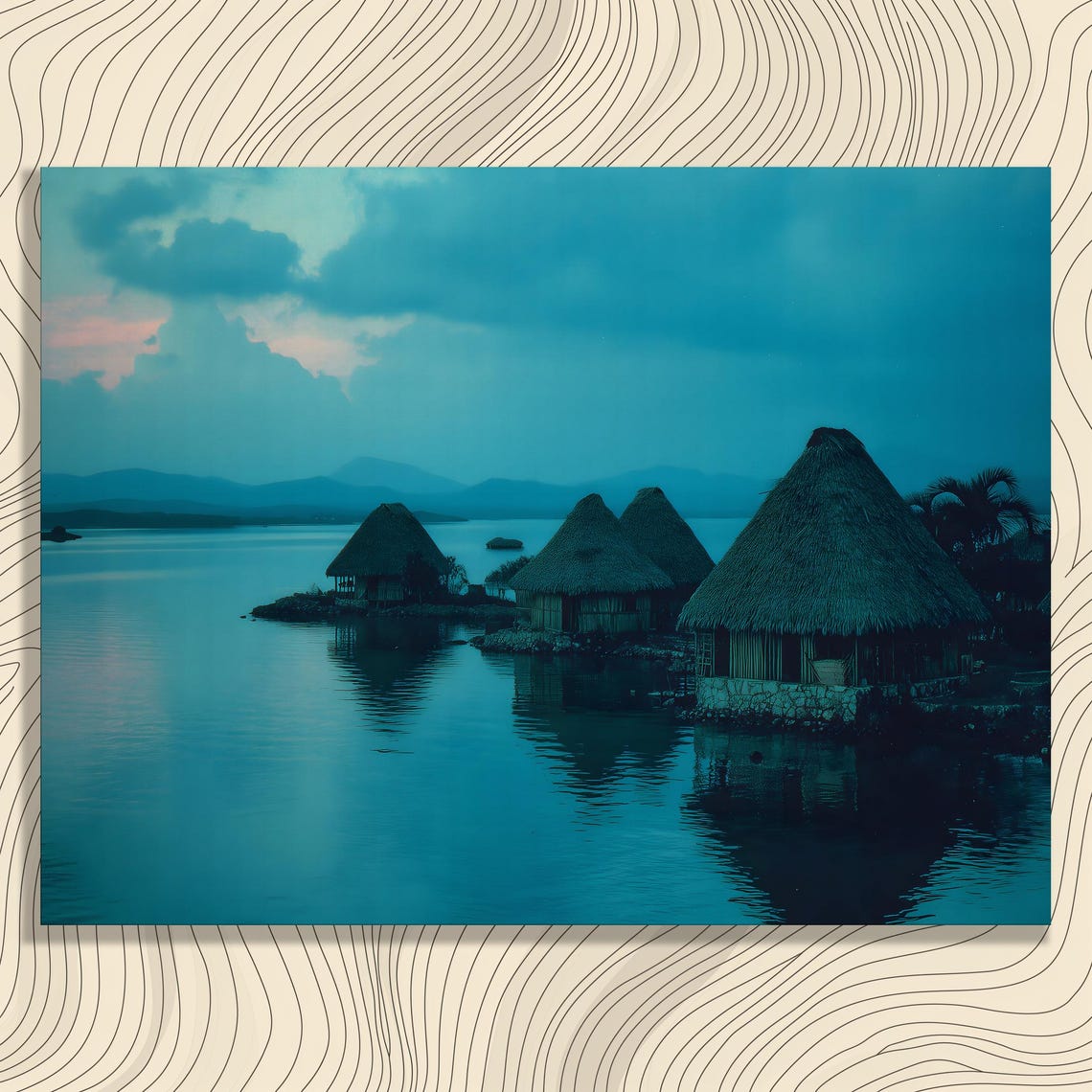 Serene Water Reflection Thatched Huts Tropical Lakeside Poster