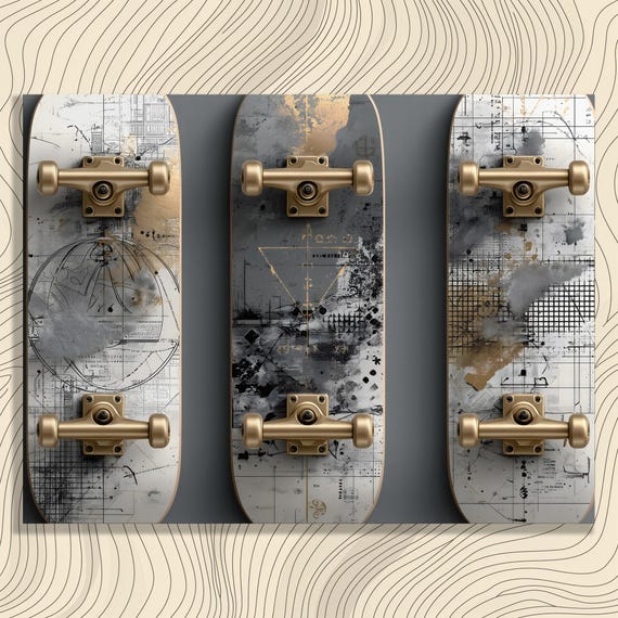 Abstract Skateboard Deck Canvas Wall Art Geometric Grunge Gold Detail Blueprint Textures Grid Urban Culture Modern Print Decor