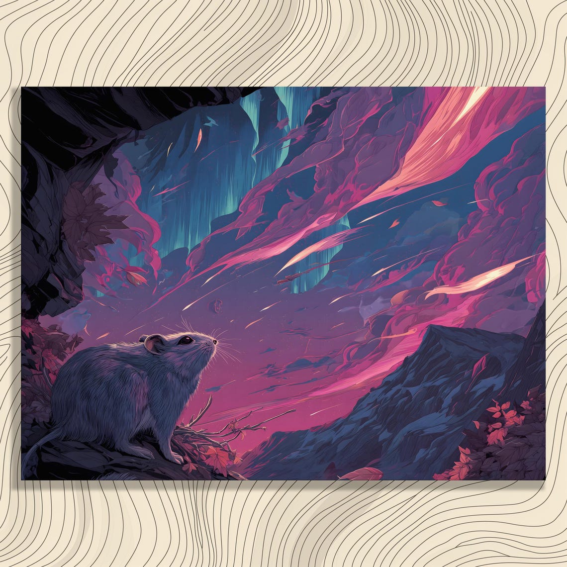 Tiny Little Mouse Gazing at Cosmic Pink Aurora Night Sky Poster