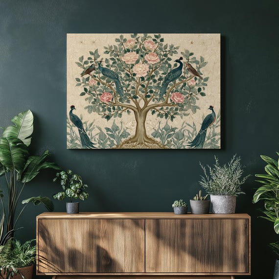 Peacock And Peony Canvas Wall Art Chinoiserie Botanical Print Floral Pattern Nature Scene Bird Home Decor Teal Peacocks Flowering Tree