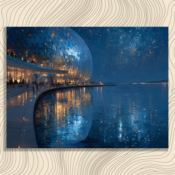 Geodesic Architecture Canvas Wall Art Starry Night Waterfront Glowing City Skyline Reflection Print Urban Decor Modern Painting Gift