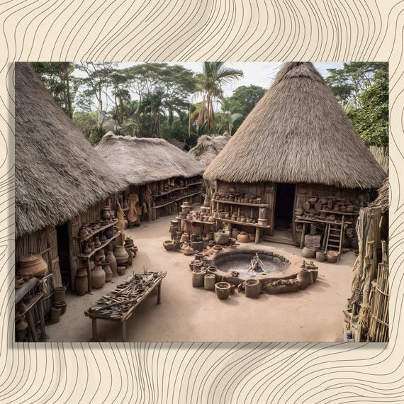 Rustic Village Pottery Canvas Wall Art Palm Tree Painting Tropical Foliage Thatched Huts Marketplace Clay Woven Baskets