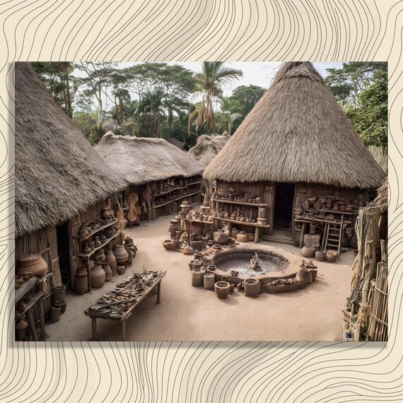 Traditional Thatched Village Pottery Market Clay Pots Culture Art Poster