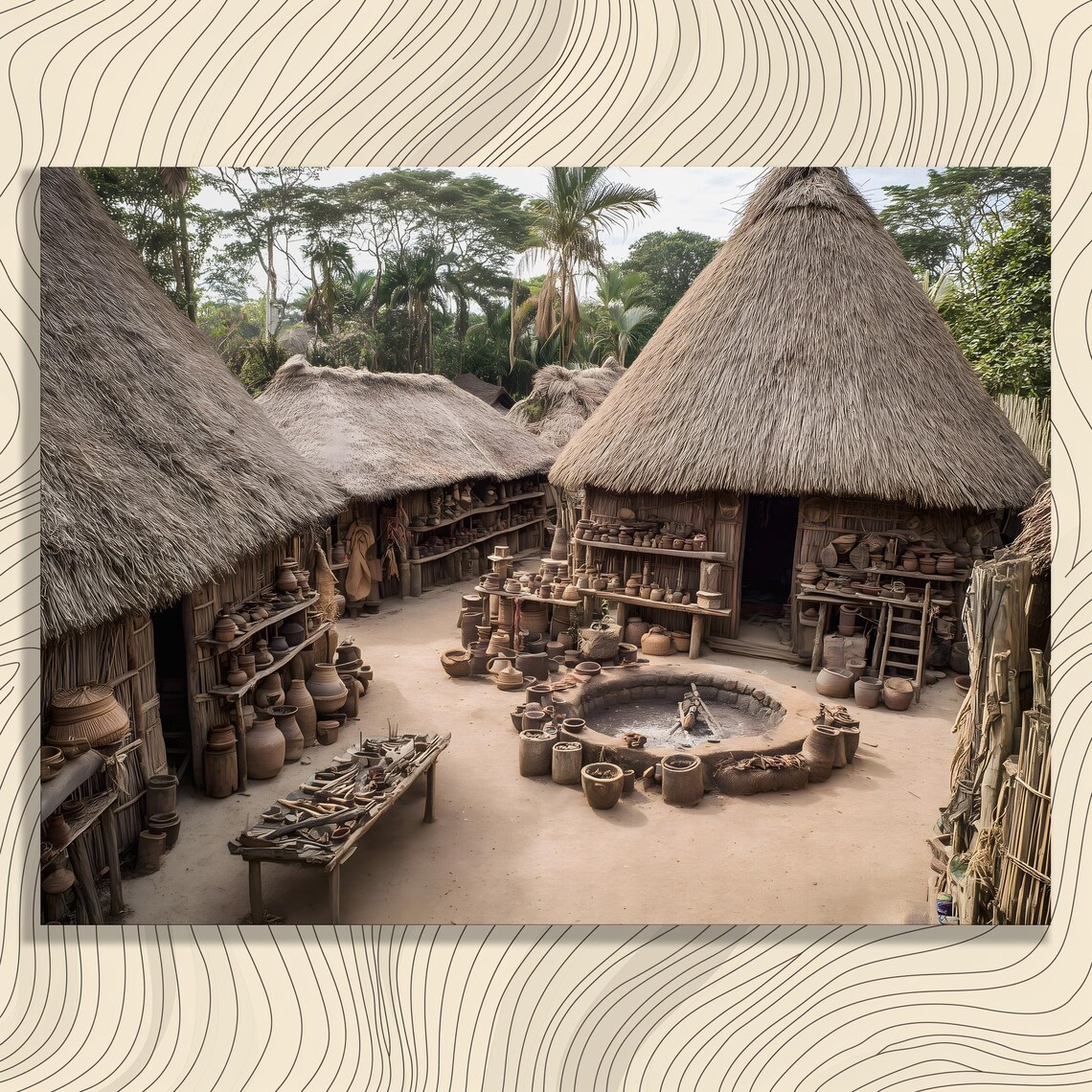 Traditional Thatched Village Pottery Market Clay Pots Culture Art Poster