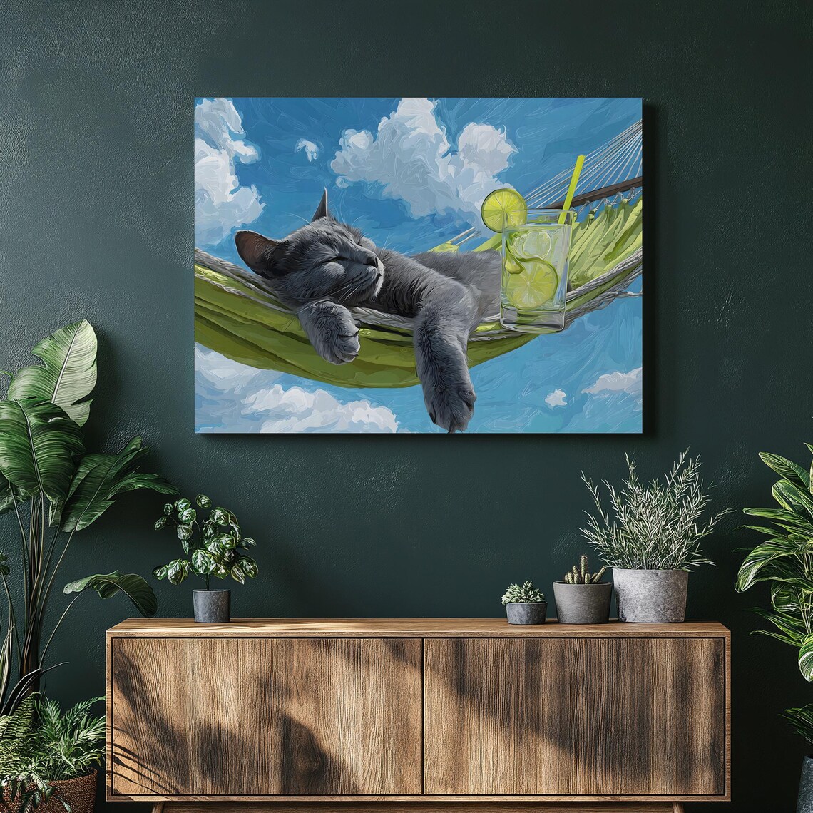 Lazy Grey Cat Hammock Tropical Sky Lime Drink Funny Summer Chill Cat Poster
