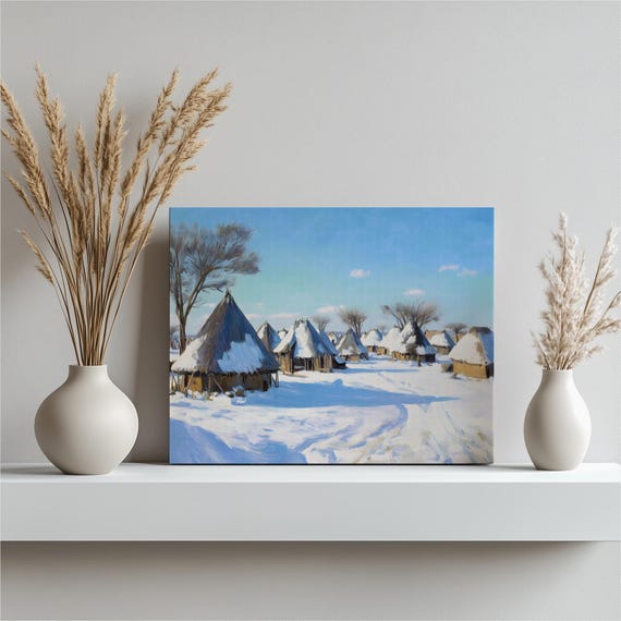 Snowy Village Canvas Wall Art Traditional Winter Scene Rural Landscape Thatched Huts Blue Sky Countryside Print Rustic Gift