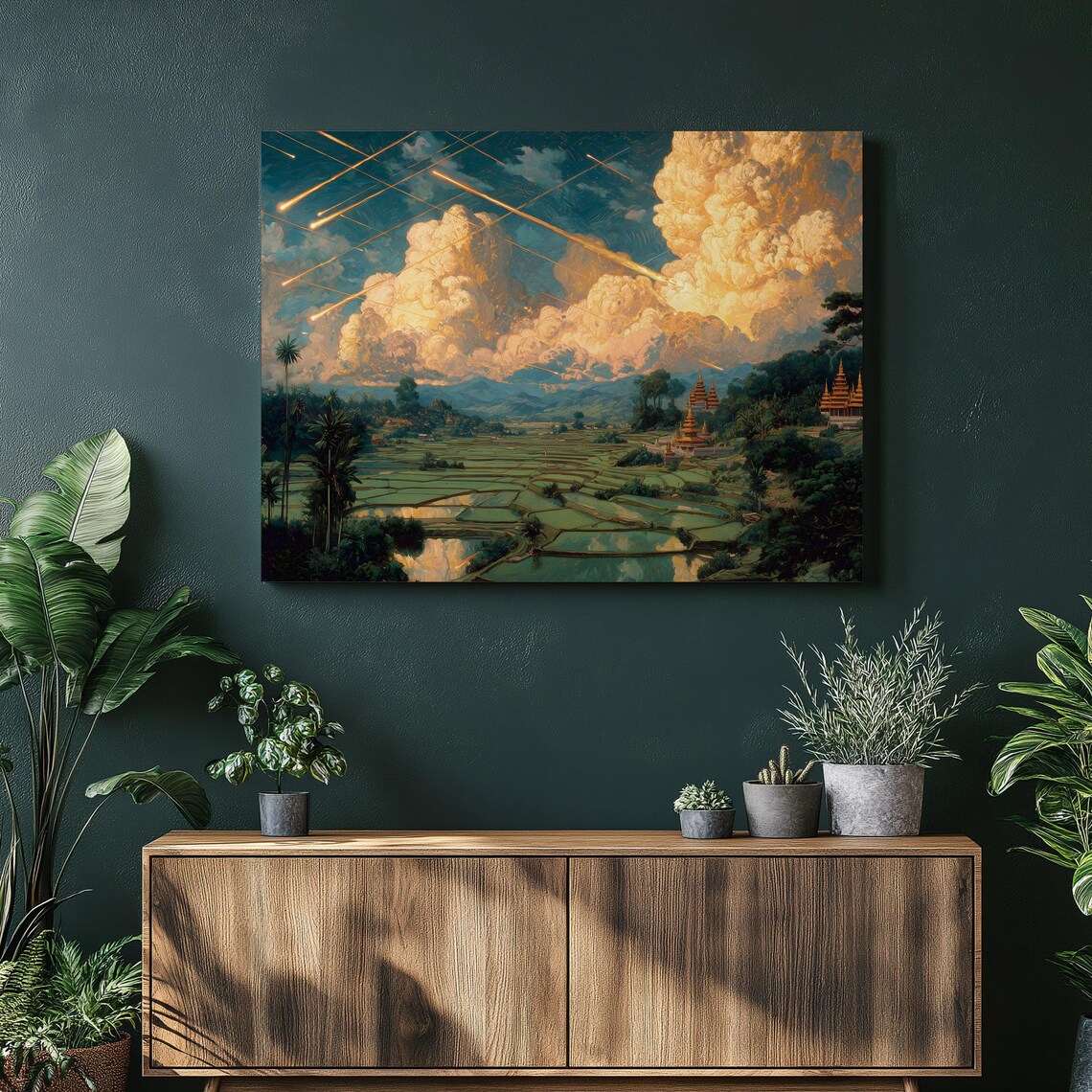 Myanmar Golden Pagoda Rice Field Meteor Shower Fantasy Poster