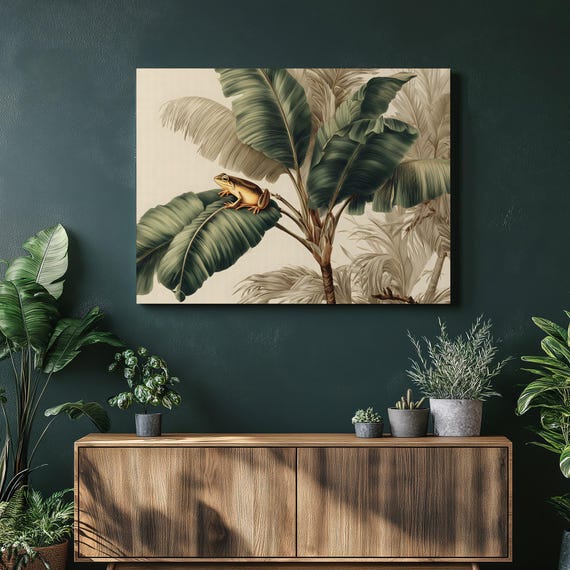 Tropical Frog Canvas Wall Art Botanical Print Banana Leaf Green Palm Foliage Decor Nature Painting Gift
