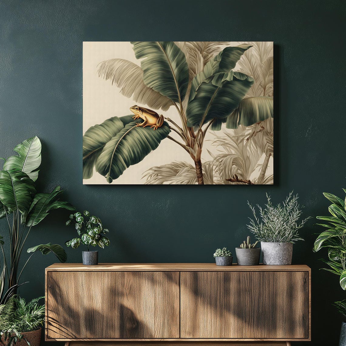 Vintage Botanical Frog on Banana Leaf Tropical Green Wall Art