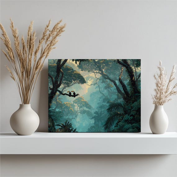 Tropical Toucan Rainforest Canvas Wall Art Misty Jungle Foliage Print Green Wildlife Decor Botanical Forest Landscape Birds