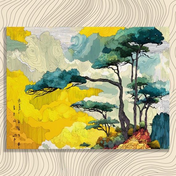 Vibrant Colorful Landscape Canvas Wall Art Abstract Nature Skies Trees Clouds Print Decor Gift Bohemian Eclectic Style Home Premium