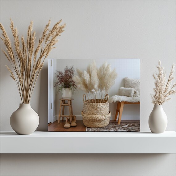 Boho Pampas Grass Canvas Wall Art Neutral Minimalist Woven Basket Decor Print Natural Beige Modern Scandi Bohemian Artwork