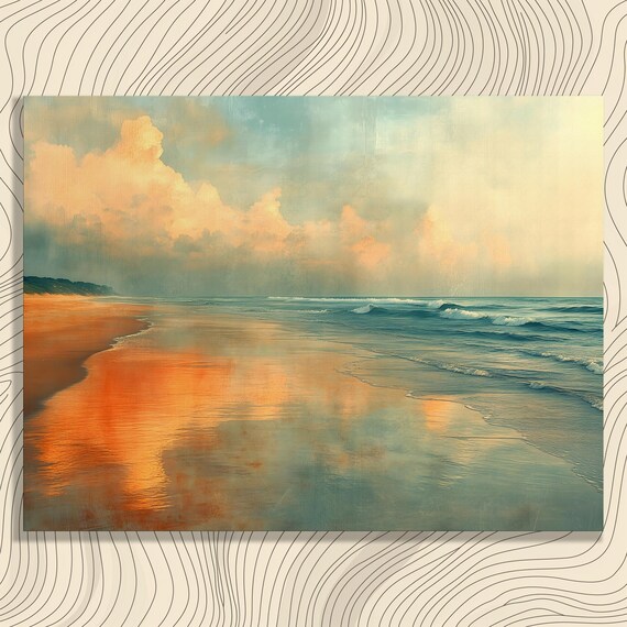 Serene Beach Sunset Waves Golden Ocean Coast Modern Art Poster