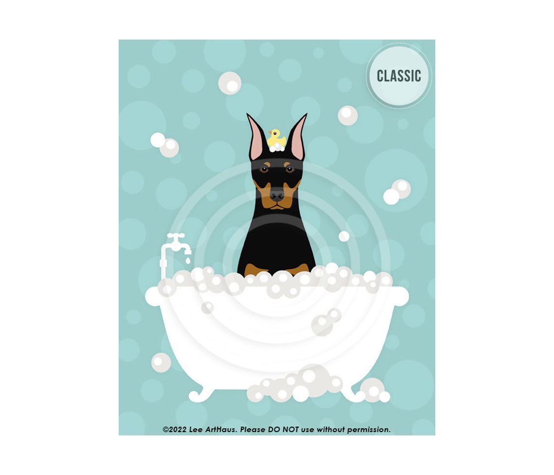 Doberman Pinscher Bubble Bath Bathtub Rubber Duck Dog Wall Art Poster