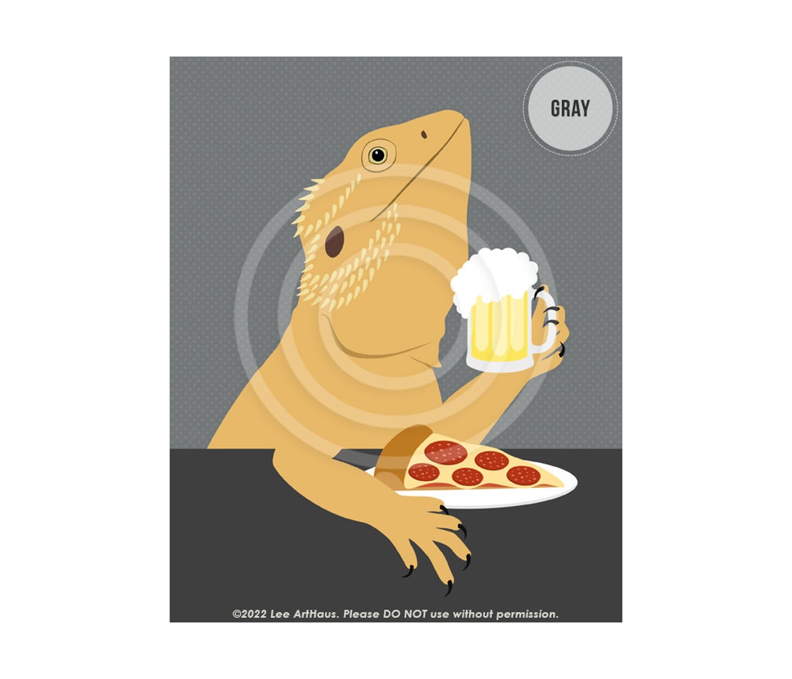 Bearded Dragon Drinking Beer and Eating Pizza Funny Art Poster - Image 4