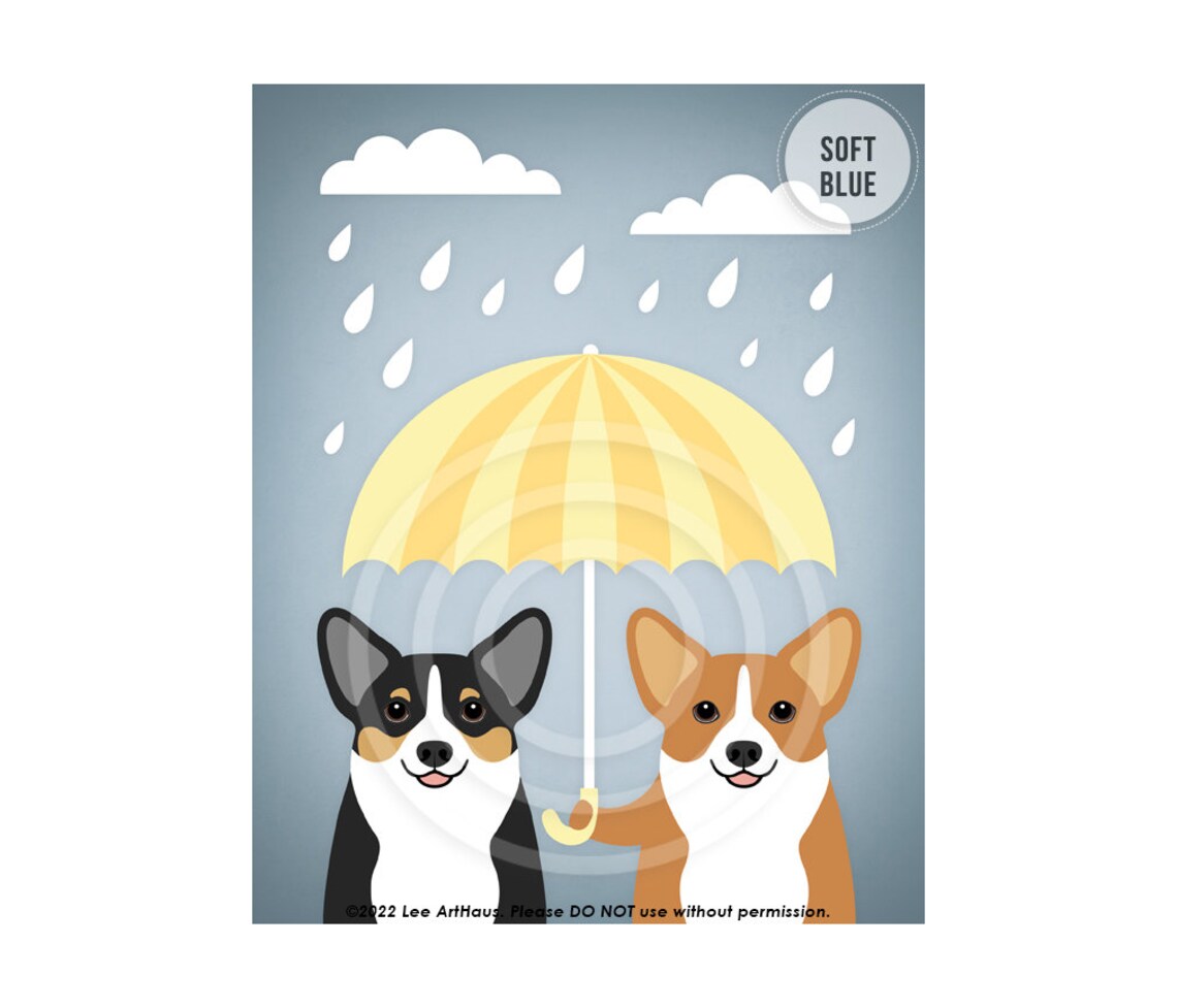 Two Corgis Sharing Yellow Umbrella Rainy Day Gray Funny Dog Poster - Image 3