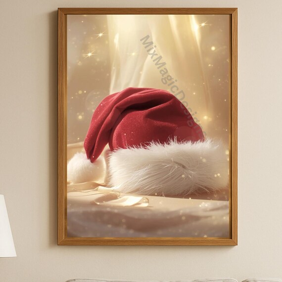 Red Santa Hat Golden Glow Romantic Minimal Christmas Wall Poster