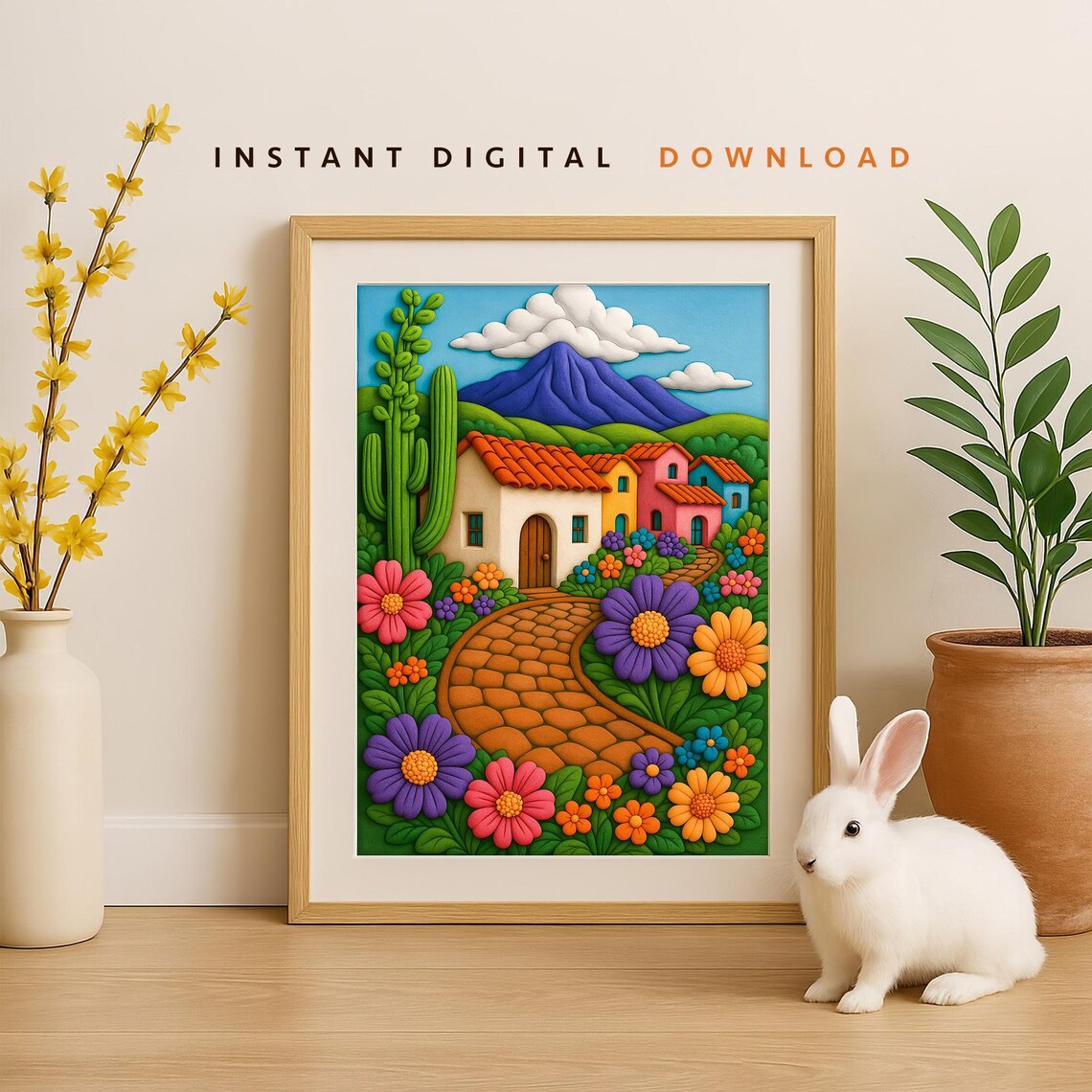 Colorful 3D Clay Village Floral Art Poster Textured Pastel Home Decor