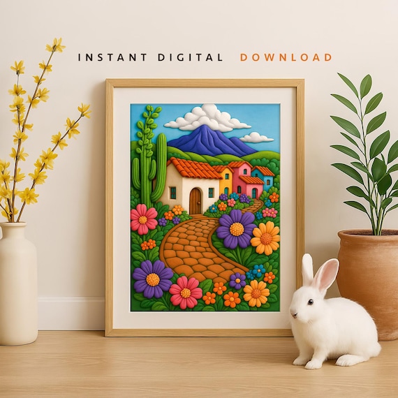 Colorful 3D Clay Village Floral Art Poster Textured Pastel Home Decor