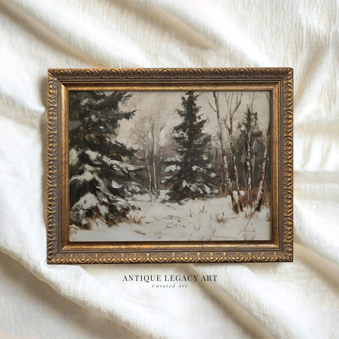 Winter Forest Snowy Trees Vintage Oil Painting Rustic Christmas Print