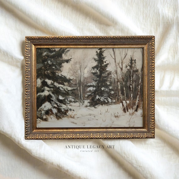 Winter Forest Snowy Trees Vintage Oil Painting Rustic Christmas Print