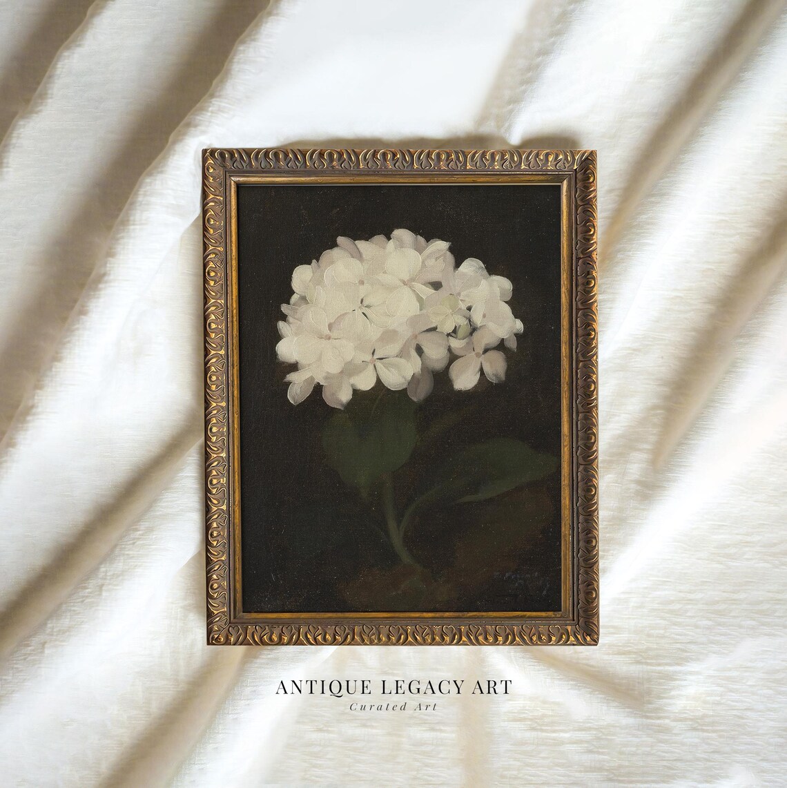 Vintage White Hydrangea Painting Print Dark Academia Moody Botanical Wall Art Flower Vase Still Life Decor