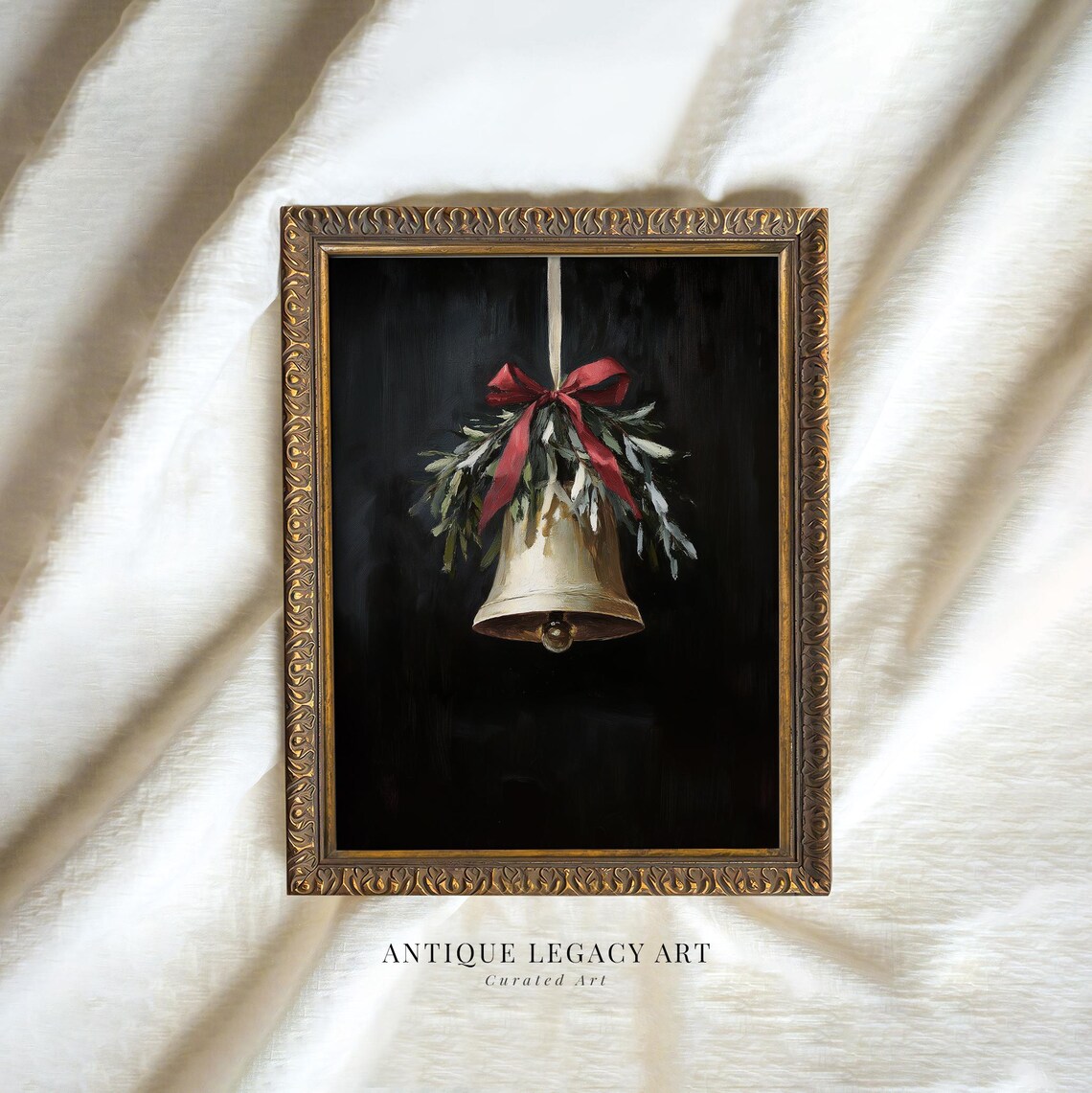 Christmas Bell With Red Ribbon on Black Vintage Holiday Painting Print