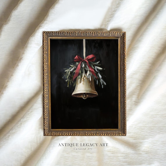 Christmas Bell With Red Ribbon on Black Vintage Holiday Painting Print