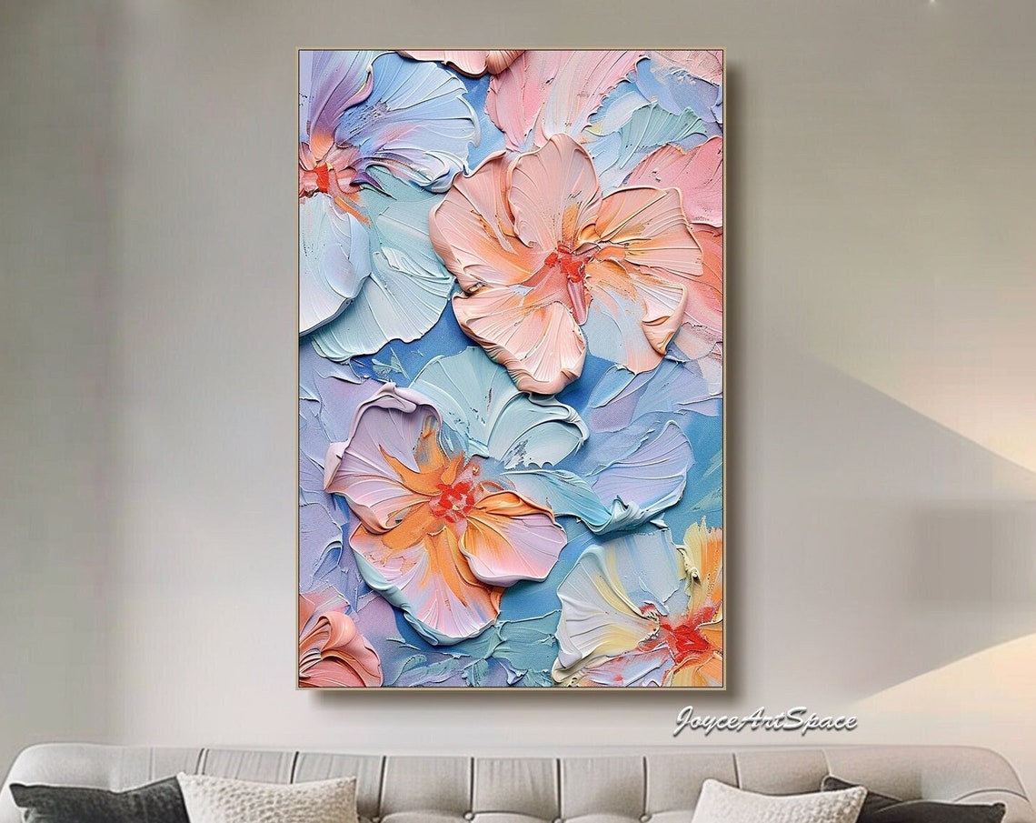 Pastel Soft Hibiscus Flowers 3D Impasto Abstract Floral Wall Art