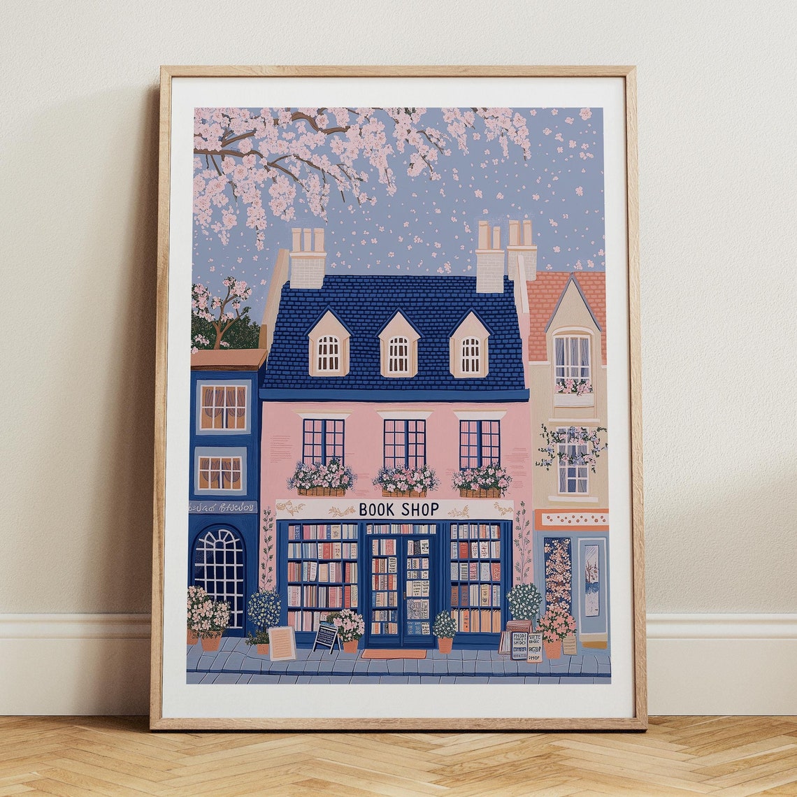 Pink And Blue Corner Bookshop Under Cherry Blossom Branches Poster