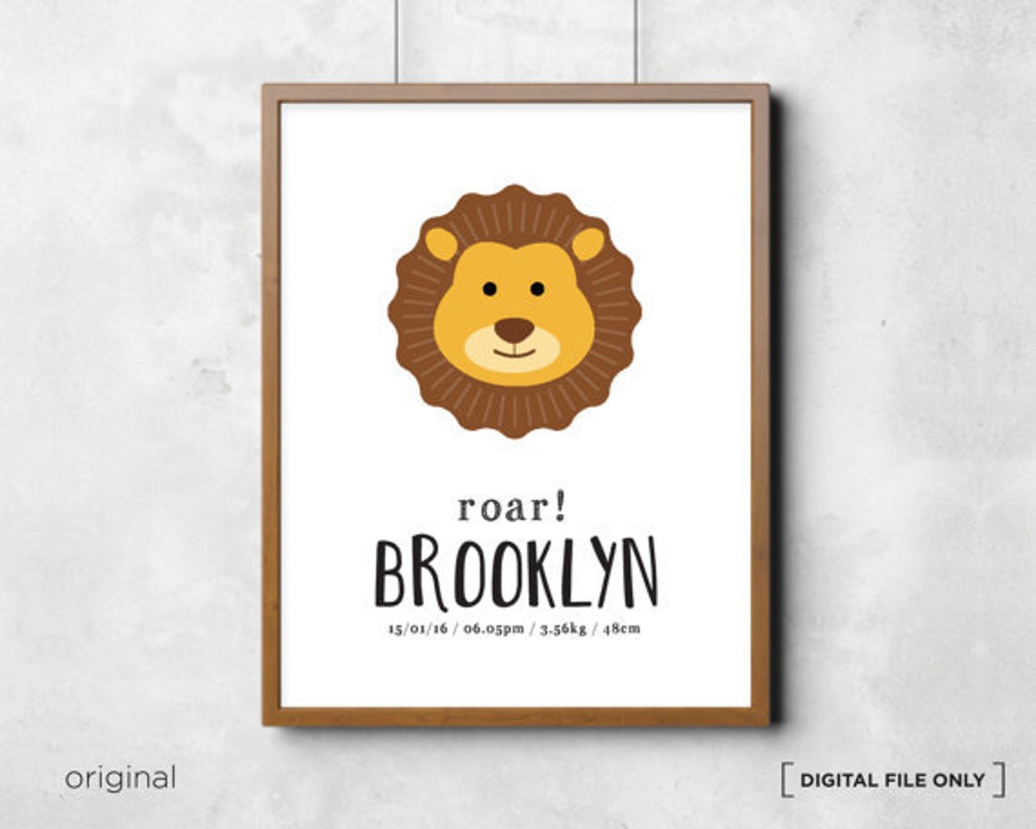 Roar Lion Birth Stats Personalized Safari Nursery Baby Poster