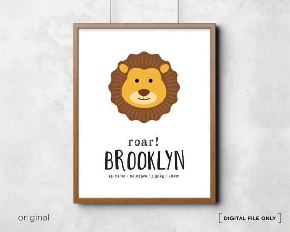 Roar Lion Birth Stats Personalized Safari Nursery Baby Poster