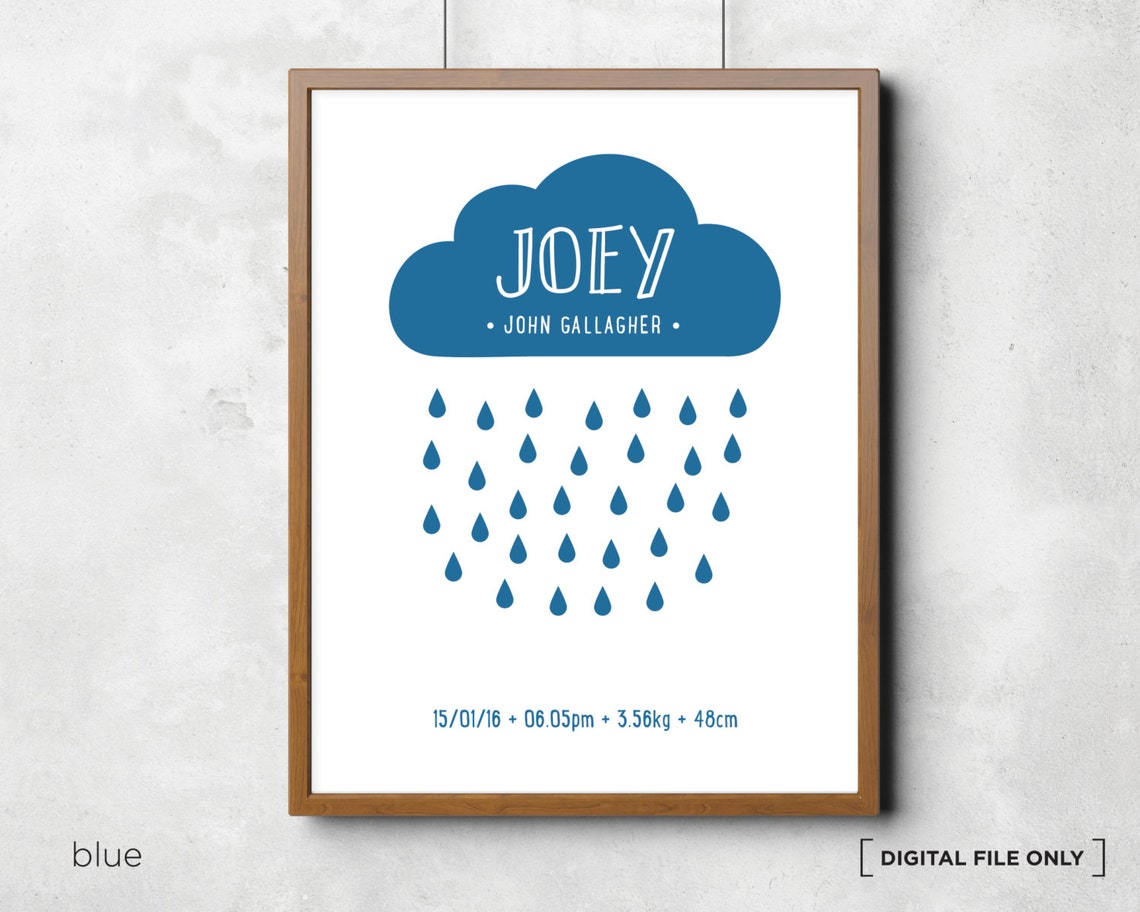 Blue Cloud Rain Birth Stats Personalized Nursery Baby Poster