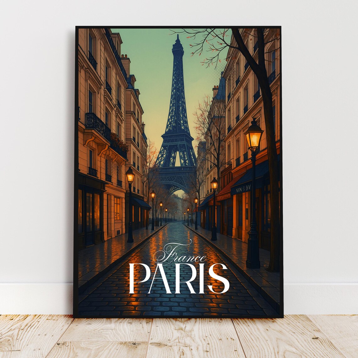 Paris France Eiffel Tower Cobblestone Street Evening Travel Poster