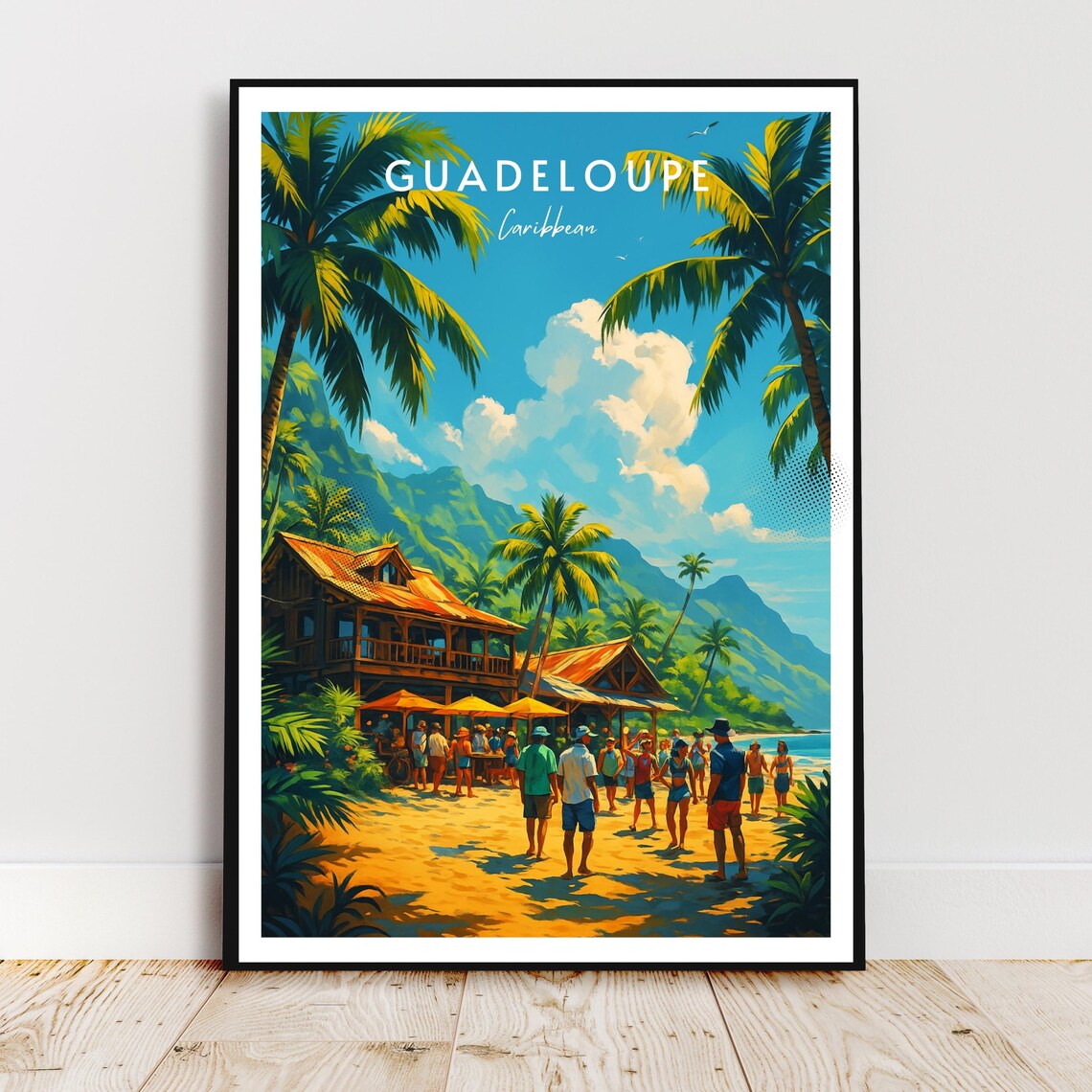 Guadeloupe Caribbean Palm Beach Village Retro Tropical Travel Poster