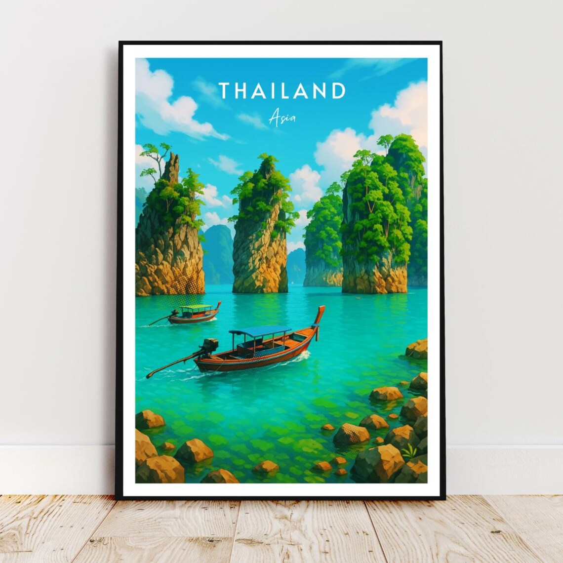 Thailand Asia Limestone Karst Island Longtail Boat Tropical Travel Poster
