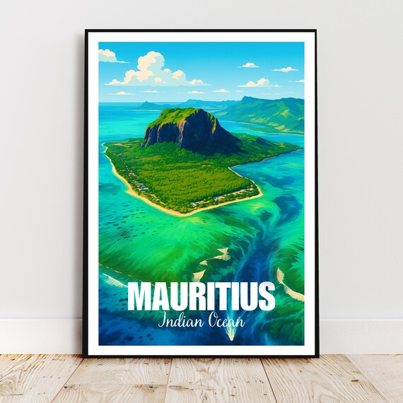 Mauritius Indian Ocean Aerial Island Mountain Lagoon Travel Art Poster