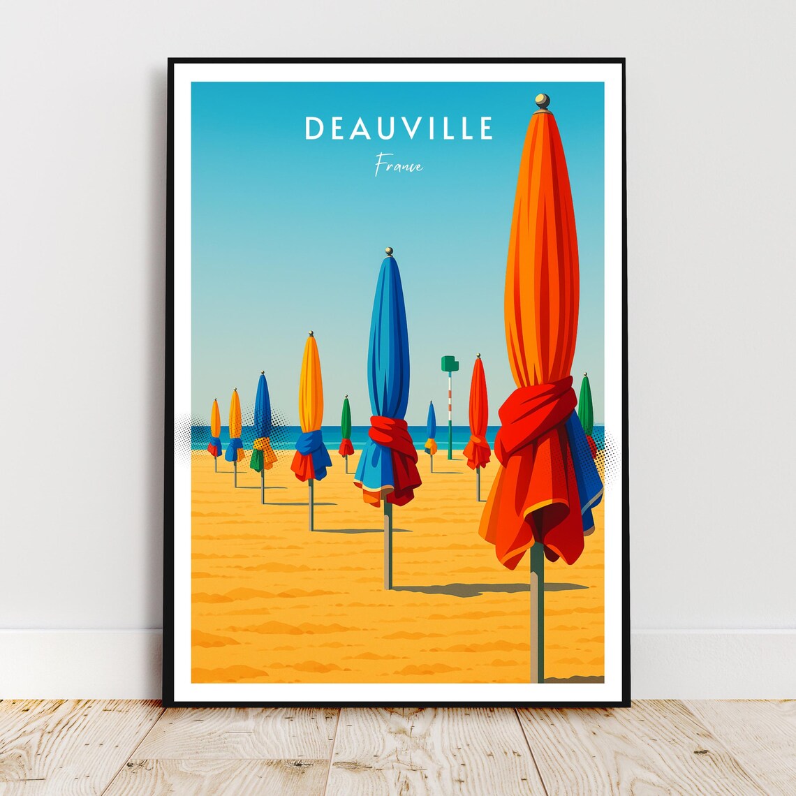 Deauville France Travel Poster Colorful Beach Parasols Golden Sand Art