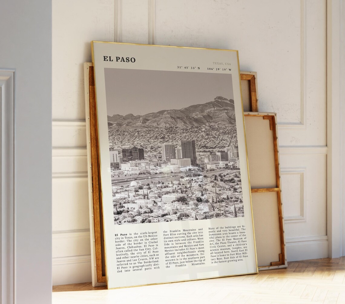 El Paso Texas Black White Skyline Travel Poster with City Coordinates