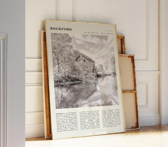Rockford Illinois Black White Historic Mill Travel Poster with Coordinates