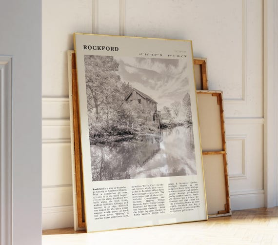 Rockford Illinois Black White Poster Vintage Usa Travel Wall Art Print Idea For Nature And History Lovers