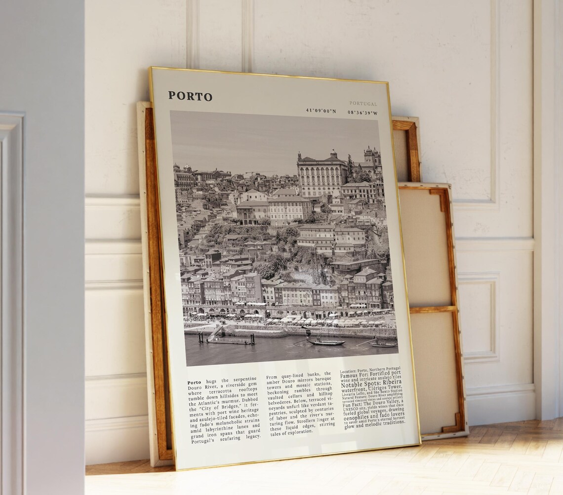 Porto Portugal Vintage Travel Douro River City Of Bridges Black White Poster