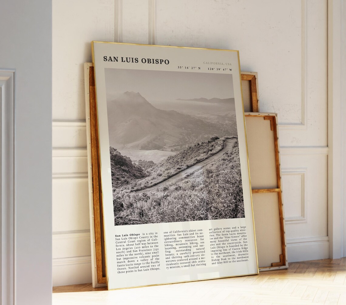 San Luis Obispo Hills Black and White California Coast Travel Poster