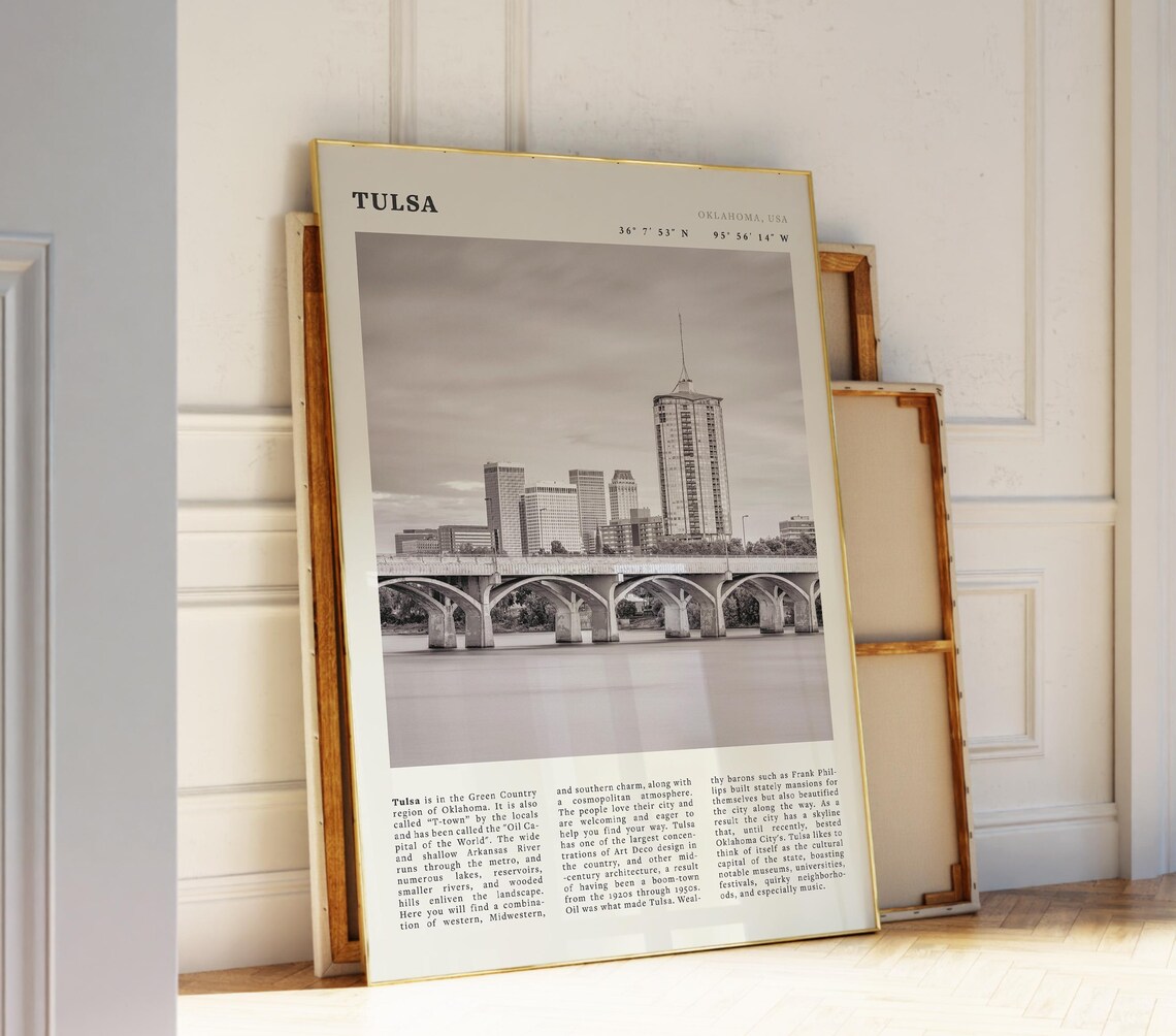 Tulsa Oklahoma Skyline Vintage Black White Art Deco Travel Poster