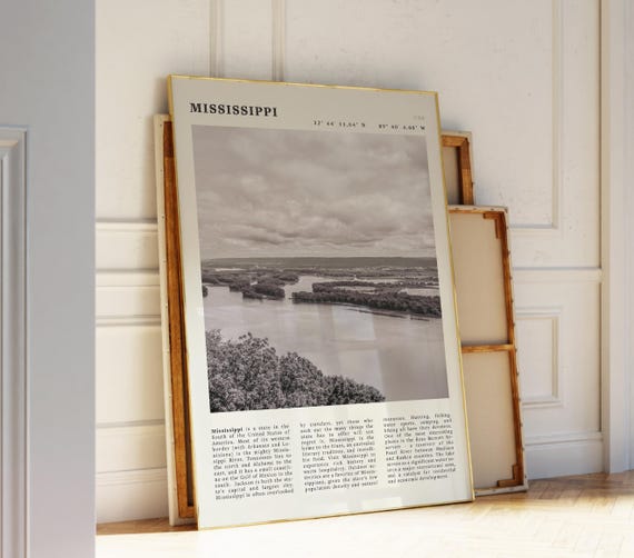 Mississippi River Print Southern Usa Landscape Wall Art Vintage Black And White Travel Poster