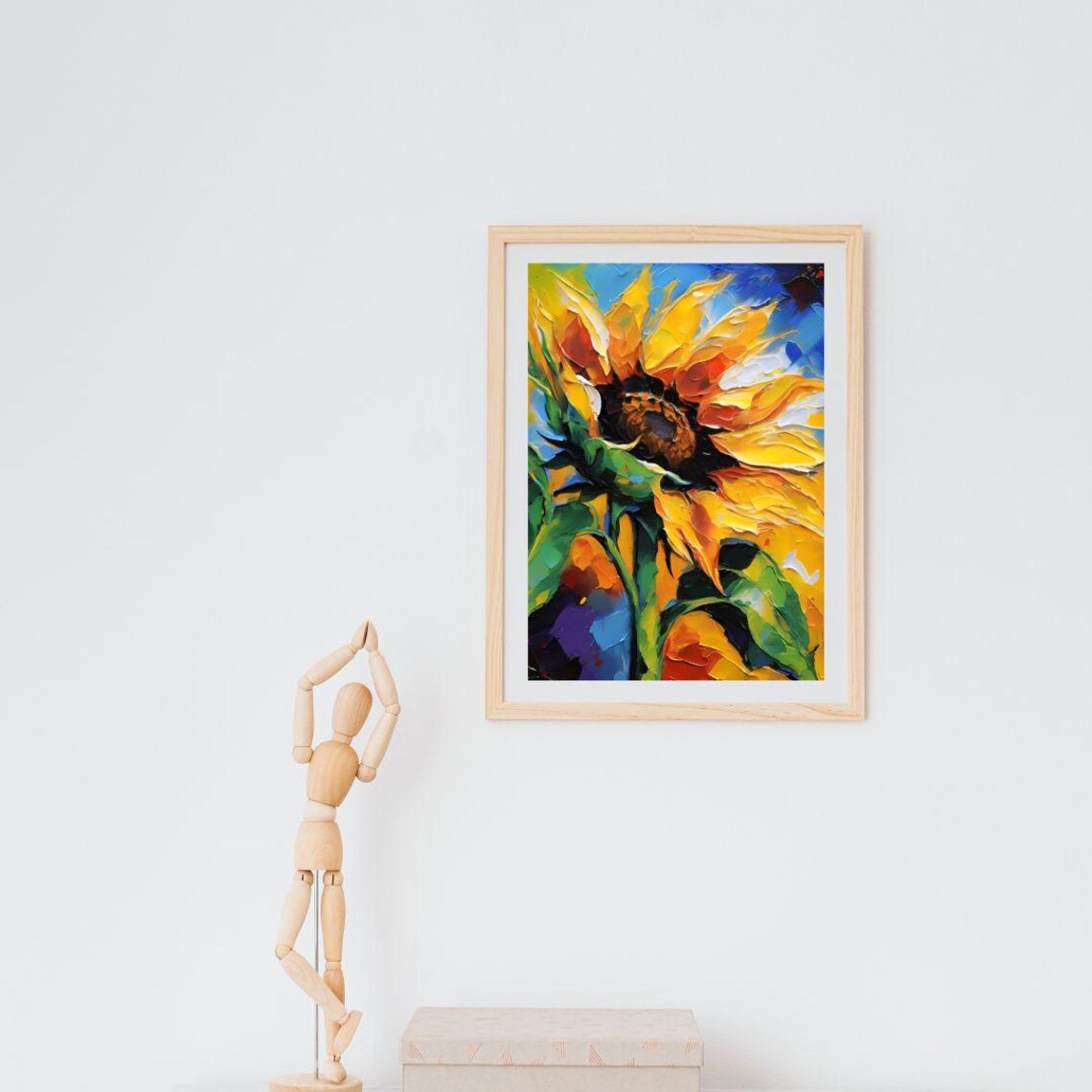 Bright Sunflower Impasto Oil Painting Blue Sky Summer Wall Art Print - Image 2
